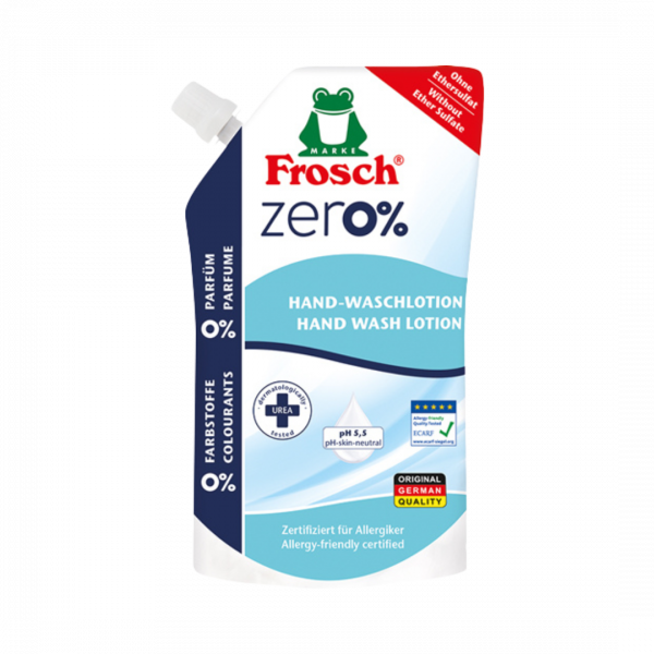 Frosch Hand Waschlotion Zero prozent, pH hautneutral, dermatologisch getestet, Fluessigseife, Nachfuellbeutel ohne Pumpe